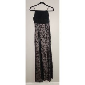 VTG Y2K Steppin Out Women 7/8 Black Velet Floral Maxi Dress Fairygoth Whimsigoth